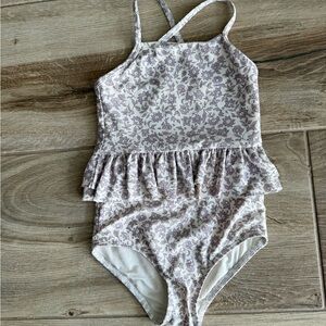 Quincy Mae Floral Kids Swim One Piece - Cream and Grey